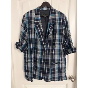 Requirements Linen Blazer Women Plus 22W Plaid‎ Navy Vintage Lined